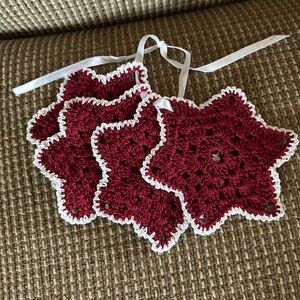 Red and White Crochet Coasters. Set of four. 5 inches